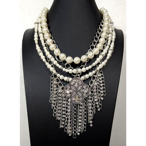 Premier Designs Convertible Faux Pearl Rhinestone Fringe Bib Necklace Limited Ed